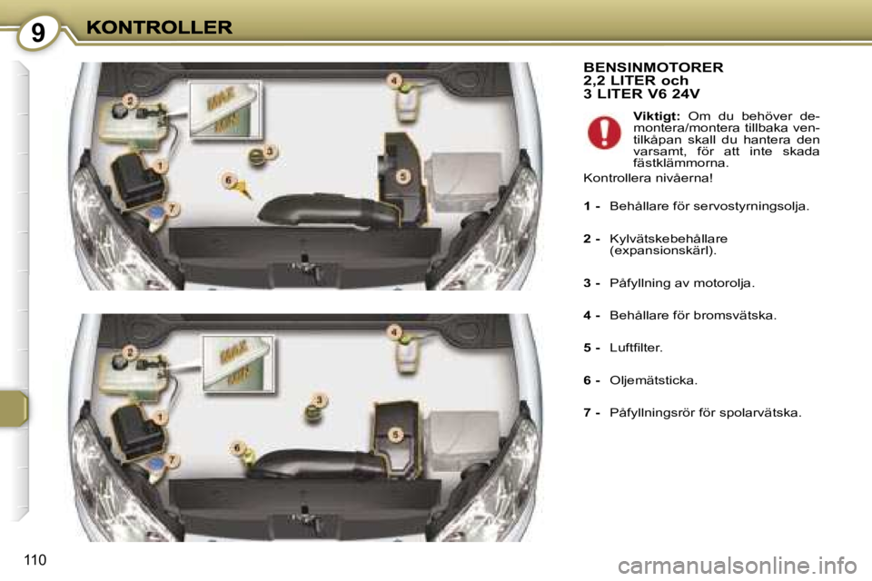 Peugeot 407 2007  Ägarmanual (in Swedish) �9
�1�1�0
�B�E�N�S�I�N�M�O�T�O�R�E�R�  
�2�,�2� �L�I�T�E�R� �o�c�h� 
�3� �L�I�T�E�R� �V�6� �2�4�V
� �V�i�k�t�i�g�t�:�  �O�m�  �d�u�  �b�e�h�ö�v�e�r�  �d�e�-�m�o�n�t�e�r�a�/�m�o�n�t�e�r�a� �t�i�l�l�b�
