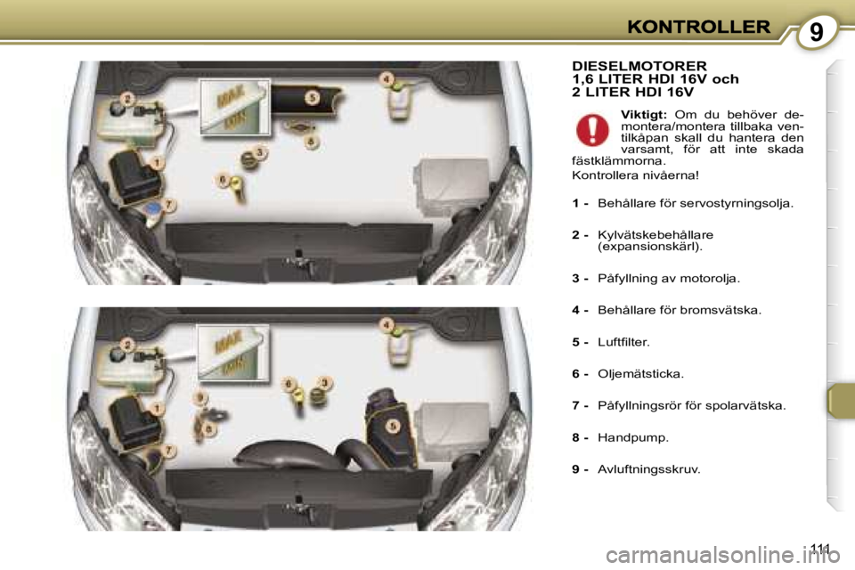 Peugeot 407 2007  Ägarmanual (in Swedish) �9
�1�1�1
�D�I�E�S�E�L�M�O�T�O�R�E�R�  
�1�,�6� �L�I�T�E�R� �H�D�I� �1�6�V� �o�c�h� 
�2� �L�I�T�E�R� �H�D�I� �1�6�V
�V�i�k�t�i�g�t�:�  �O�m�  �d�u�  �b�e�h�ö�v�e�r�  �d�e�-�m�o�n�t�e�r�a�/�m�o�n�t�e�