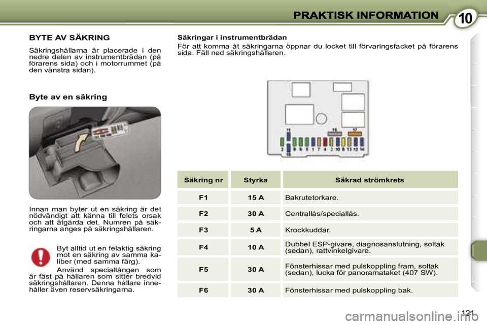 Peugeot 407 2007  Ägarmanual (in Swedish) �1�0�1�0
�1�2�1
�B�Y�T�E� �A�V� �S�Ä�K�R�I�N�G
�S�ä�k�r�i�n�g�s�h�å�l�l�a�r�n�a�  �ä�r�  �p�l�a�c�e�r�a�d�e�  �i�  �d�e�n� �n�e�d�r�e�  �d�e�l�e�n�  �a�v�  �i�n�s�t�r�u�m�e�n�t�b�r�ä�d�a�n�  �(�p