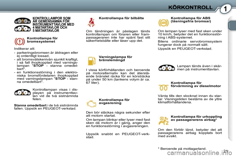 Peugeot 407 2007  Ägarmanual (in Swedish) �1
�2�1
�K�o�n�t�r�o�l�l�a�m�p�a� �f�ö�r� �b�r�o�m�s�s�y�s�t�e�m�e�t
�K�O�N�T�R�O�L�L�A�M�P�O�R� �S�O�M�  
�Ä�R� �G�E�M�E�N�S�A�M�M�A� �F�Ö�R� 
�I�N�S�T�R�U�M�E�N�T�T�A�V�L�O�R� �M�E�D� 
�4� �M�Ä�