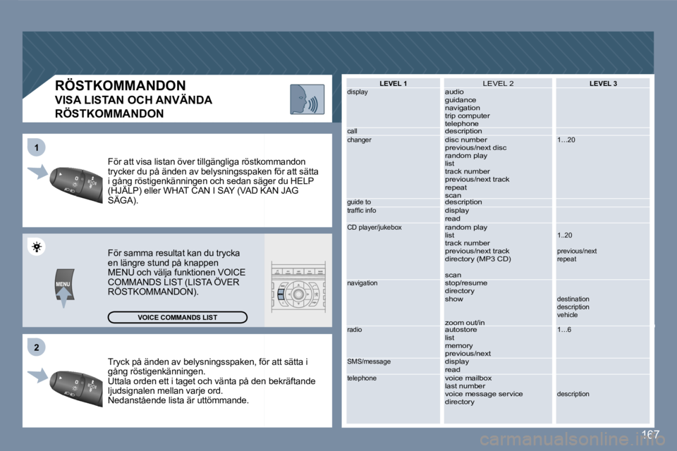 Peugeot 407 2007  Ägarmanual (in Swedish) �2
�1
�1�6�7
�T�r�y�c�k� �p�å� �ä�n�d�e�n� �a�v� �b�e�l�y�s�n�i�n�g�s�s�p�a�k�e�n�,� �f�ö�r� �a�t�t� �s�ä�t�t�a� �i
� 
�g�å�n�g� �r�ö�s�t�i�g�e�n�k�ä�n�n�i�n�g�e�n�. 
�U�t�t�a�l�a� �o�r�d�e�n� 