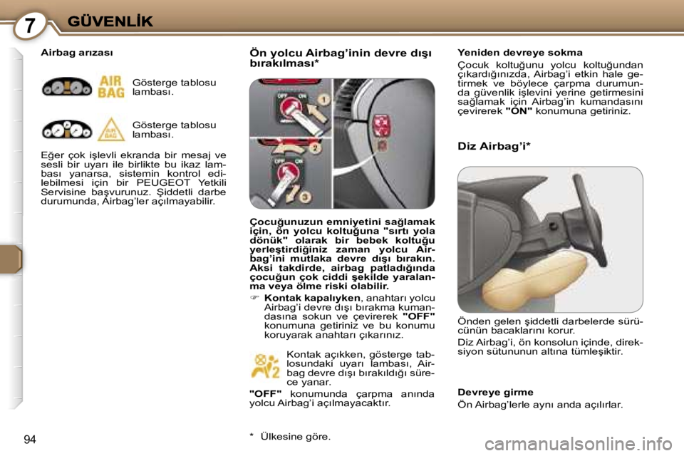 Peugeot 407 2007  Kullanım Kılavuzu (in Turkish) �7
�9�4
�Ö�n� �y�o�l�c�u� �A�i�r�b�a�g�’�i�n�i�n� �d�e�v�r�e� �d�ı�ş�ı� �b�ı�r�a�k�ı�l�m�a�s�ı�*�Y�e�n�i�d�e�n� �d�e�v�r�e�y�e� �s�o�k�m�a
�Ç�o�c�u�k�  �k�o�l�t�u�ğ�u�n�u�  �y�o�l�c�u�  �k�