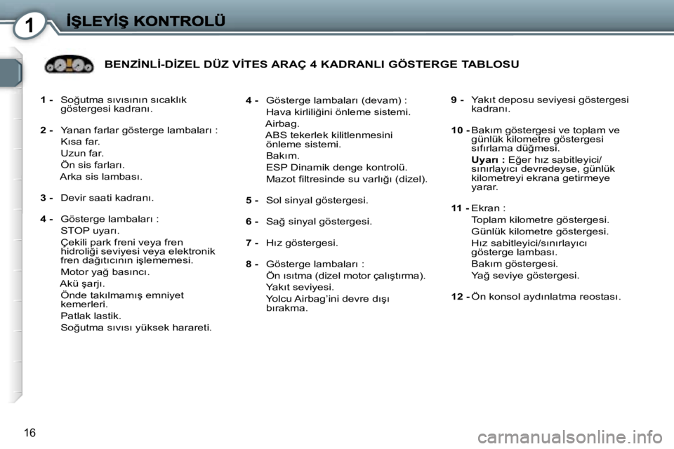 Peugeot 407 2007  Kullanım Kılavuzu (in Turkish) �1
�1�6
�1� �-�  �S�o�ğ�u�t�m�a� �s�ı�v�ı�s�ı�n�ı�n� �s�ı�c�a�k�l�ı�k�g�ö�s�t�e�r�g�e�s�i� �k�a�d�r�a�n�ı�.
�2� �-�  �Y�a�n�a�n� �f�a�r�l�a�r� �g�ö�s�t�e�r�g�e� �l�a�m�b�a�l�a�r�ı� �:
�  �K