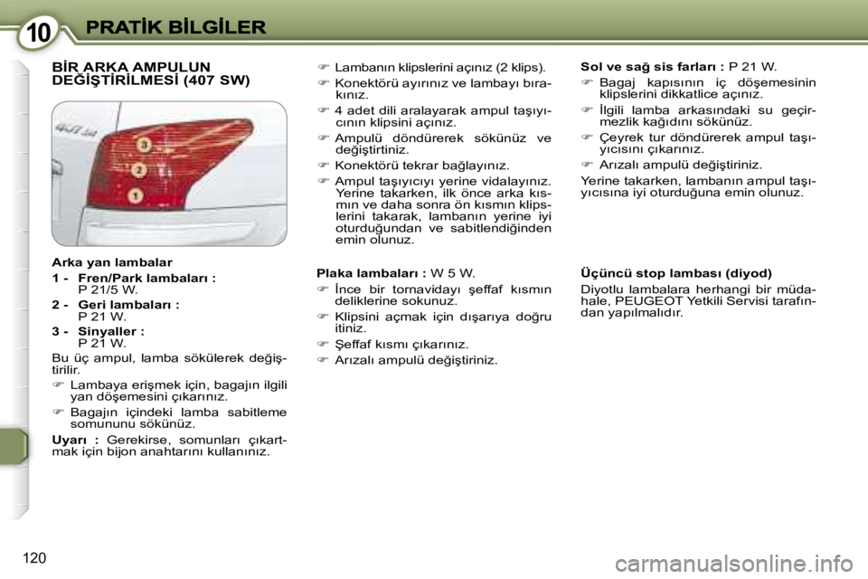 Peugeot 407 2007  Kullanım Kılavuzu (in Turkish) �1�0�1�0
�1�2�0
�B�İ�R� �A�R�K�A� �A�M�P�U�L�U�N�  
�D�E�Ğ�İ�Ş�T�İ�R�İ�L�M�E�S�İ� �(�4�0�7� �S�W�)�S�o�l� �v�e� �s�a�ğ� �s�i�s� �f�a�r�l�a�r�ı� �:� �P� �2�1� �W�.
�� �B�a�g�a�j�  �k�a�p�ı