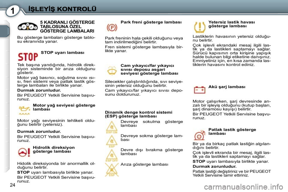 Peugeot 407 2007  Kullanım Kılavuzu (in Turkish) �1
�2�4
�A�k�ü� �ş�a�r�j� �l�a�m�b�a�s�ı
�M�o�t�o�r�  �ç�a�l�ı�ş�ı�r�k�e�n�,�  �ş�a�r�j�  �d�e�v�r�e�s�i�n�d�e�  �a�r�ı�-�z�a�l�ı� �b�i�r� �i�ş�l�e�y�i�ş� �o�l�d�u�ğ�u�n�u� �(�k�u�t�u�p� 
