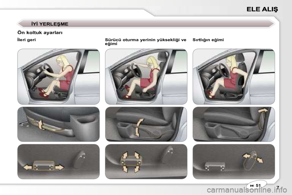 Peugeot 407 2007  Kullanım Kılavuzu (in Turkish) �İ�Y�İ� �Y�E�R�L�E�Ş�M�E
�� �5�1
�Ö�n� �k�o�l�t�u�k� �a�y�a�r�l�a�r�ı
�İ�l�e�r�i� �g�e�r�i� �S�ü�r�ü�c�ü� �o�t�u�r�m�a� �y�e�r�i�n�i�n� �y�ü�k�s�e�k�l�i�ğ�i� �v�e� �e�ğ�i�m�i� �S�ı�r�t
