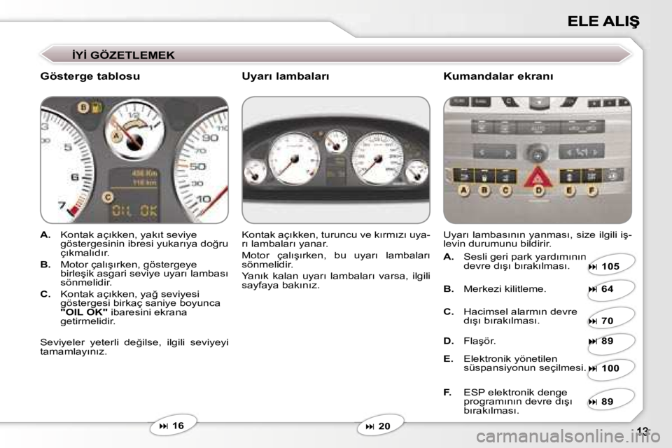 Peugeot 407 2007  Kullanım Kılavuzu (in Turkish) �İ�Y�İ� �G�Ö�Z�E�T�L�E�M�E�K
�G�ö�s�t�e�r�g�e� �t�a�b�l�o�s�u �K�u�m�a�n�d�a�l�a�r� �e�k�r�a�n�ı
�A�.�  �K�o�n�t�a�k� �a�ç�ı�k�k�e�n�,� �y�a�k�ı�t� �s�e�v�i�y�e� �g�ö�s�t�e�r�g�e�s�i�n�i�n� �