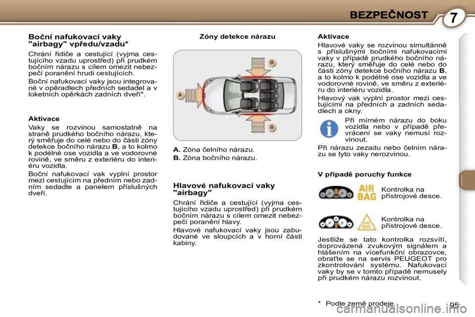 Peugeot 407 2007  Návod k obsluze (in Czech) �7
�9�5
�B�o�č�n�í� �n�a�f�u�k�o�v�a�c�í� �v�a�k�y� �"�a�i�r�b�a�g�y�"� �v�p9�e�d�u�/�v�z�a�d�u�*
�C�h�r�á�n�í�  9�i�d�i�č�e�  �a�  �c�e�s�t�u�j�í�c�í�  �(�v�y�j�m�a�  �c�e�s�-�t�u�j
