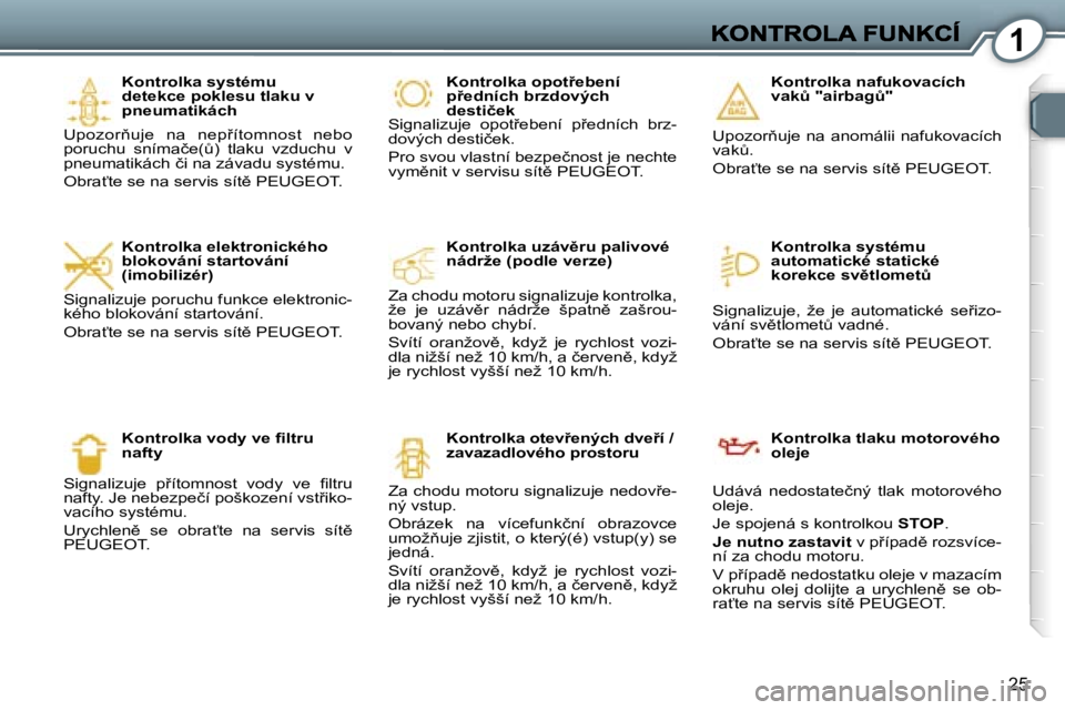 Peugeot 407 2007  Návod k obsluze (in Czech) �1
�2�5
�K�o�n�t�r�o�l�k�a� �s�y�s�t�é�m�u� �d�e�t�e�k�c�e� �p�o�k�l�e�s�u� �t�l�a�k�u� �v� �p�n�e�u�m�a�t�i�k�á�c�h
�U�p�o�z�o�r3�u�j�e�  �n�a�  �n�e�p9�í�t�o�m�n�o�s�t�  �n�e�b�o� �p�o�r�u�c�h�