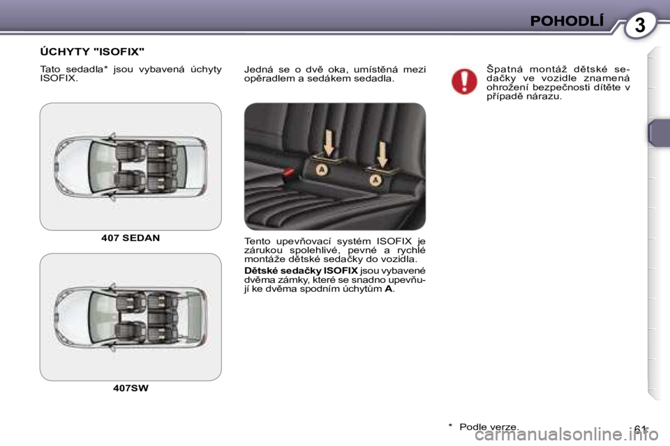 Peugeot 407 2007  Návod k obsluze (in Czech) �3
�6�1
�J�e�d�n�á�  �s�e�  �o�  �d�v)�  �o�k�a�,�  �u�m�í�s�t)�n�á�  �m�e�z�i� �o�p)�r�a�d�l�e�m� �a� �s�e�d�á�k�e�m� �s�e�d�a�d�l�a�.
�Ú�C�H�Y�T�Y� �"�I�S�O�F�I�X�"
�T�a�t�o�  �s�e�d