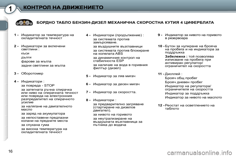 Peugeot 407 2007  Ръководство за експлоатация (in Bulgarian) �1
�1�6
�1� �-�  _g^bdwlhj� aw� l_fi_jwlmjw� gw� hoew^bl_egwlw� l_qghkl
�2� �-�  _g^bdwlhjb� aw� ydexq_gbky_lebgb� �:
�  dtk