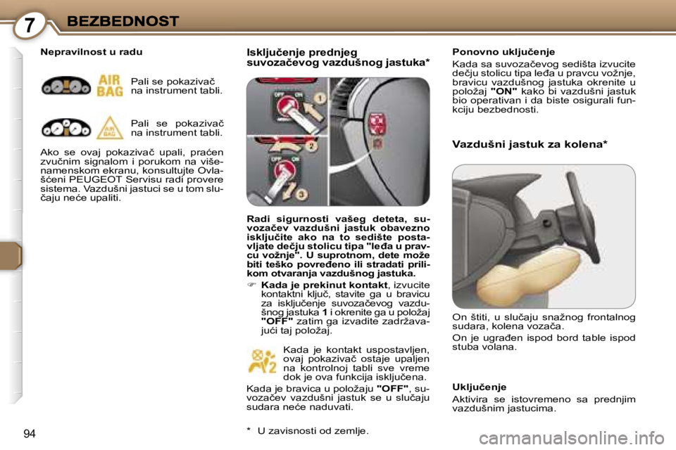 Peugeot 407 2007  Упутство за употребу (in Serbian) �7
�9�4
�I�s�k�l�j�u�č�e�n�j�e� �p�r�e�d�n�j�e�g� �s�u�v�o�z�a�č�e�v�o�g� �v�a�z�d�u�š�n�o�g� �j�a�s�t�u�k�a�*�P�o�n�o�v�n�o� �u�k�l�j�u�č�e�n�j�e� 
�K�a�d�a� �s�a� �s�u�v�o�z�a�č�e�v�o�g� �s�e�d