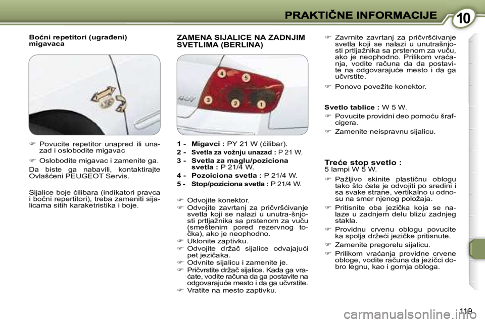 Peugeot 407 2007  Упутство за употребу (in Serbian) �1�0�1�0
�1�1�9
�B�o�č�n�i� �r�e�p�e�t�i�t�o�r�i� �(�u�g�r�a�đ�e�n�i�)� �m�i�g�a�v�a�c�a�Z�A�M�E�N�A� �S�I�J�A�L�I�C�E� �N�A� �Z�A�D�N�J�I�M�  
�S�V�E�T�L�I�M�A� �(�B�E�R�L�I�N�A�)
�T�r�e�ć�e� �s�t