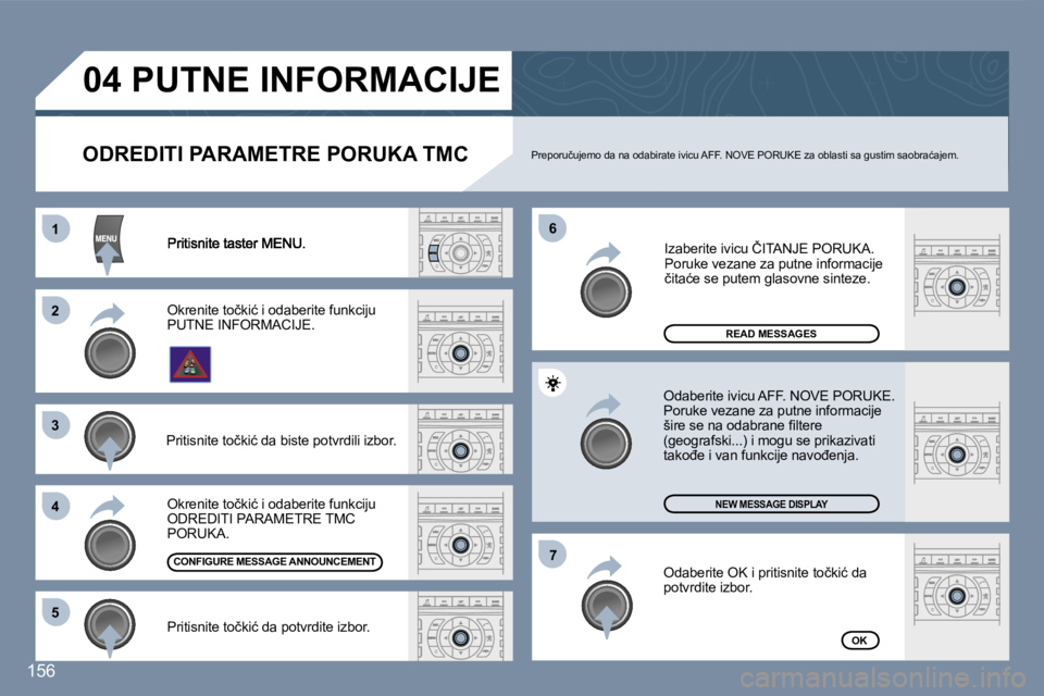 Peugeot 407 2007  Упутство за употребу (in Serbian) �1�1
�2�2
�3�3
�4�4
�6�6
�5�5
�7�7
�1�5�6
�R�E�A�D� �M�E�S�S�A�G�E�S
�N�E�W� �M�E�S�S�A�G�E� �D�I�S�P�L�A�Y
�O�K
�O�D�R�E�D�I�T�I� �P�A�R�A�M�E�T�R�E� �P�O�R�U�K�A� �T�M�C�P�r�e�p�o�r�u�č�u�j�e�m�o� 