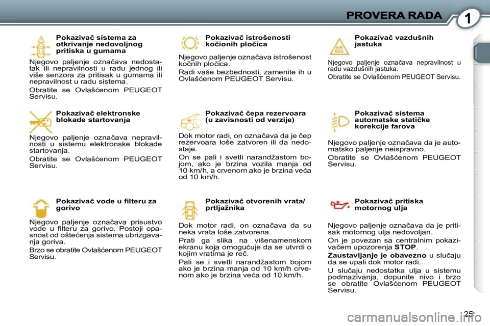 Peugeot 407 2007  Упутство за употребу (in Serbian) �1
�2�5
�P�o�k�a�z�i�v�a�č� �s�i�s�t�e�m�a� �z�a� �o�t�k�r�i�v�a�n�j�e� �n�e�d�o�v�o�l�j�n�o�g� �p�r�i�t�i�s�k�a� �u� �g�u�m�a�m�a� 
�N�j�e�g�o�v�o�  �p�a�l�j�e�n�j�e�  �o�z�n�a�č�a�v�a�  �n�e�d�o�s