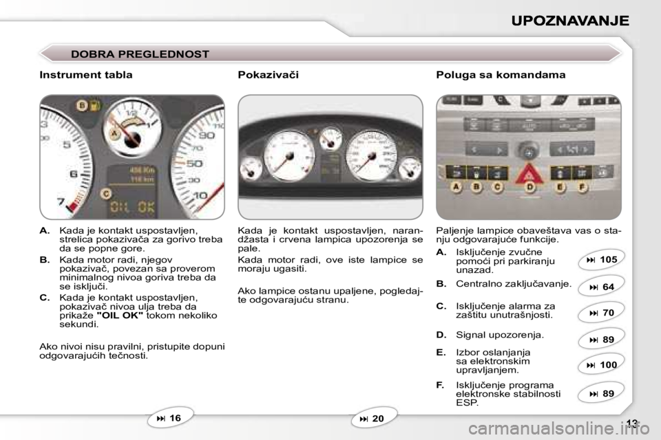Peugeot 407 2007  Упутство за употребу (in Serbian) �D�O�B�R�A� �P�R�E�G�L�E�D�N�O�S�T
�I�n�s�t�r�u�m�e�n�t� �t�a�b�l�a�P�o�l�u�g�a� �s�a� �k�o�m�a�n�d�a�m�a
�A�.�  �K�a�d�a� �j�e� �k�o�n�t�a�k�t� �u�s�p�o�s�t�a�v�l�j�e�n�,� �s�t�r�e�l�i�c�a� �p�o�k�a�