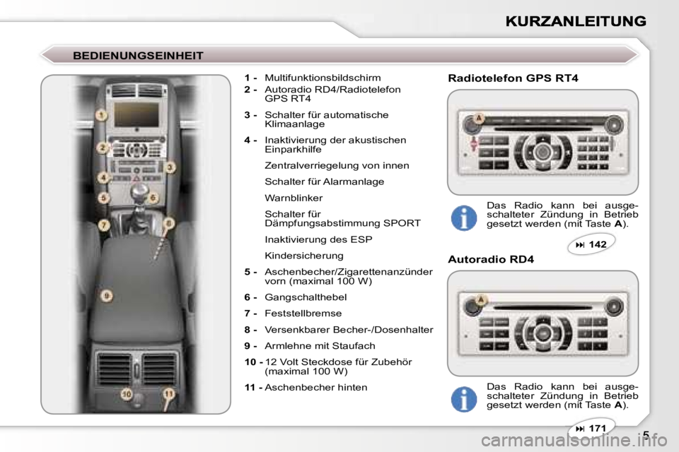 Peugeot 407 2006.5  Betriebsanleitung (in German) �B�E�D�I�E�N�U�N�G�S�E�I�N�H�E�I�T� 
�1� �-�  �M�u�l�t�i�f�u�n�k�t�i�o�n�s�b�i�l�d�s�c�h�i�r�m� 
�2� �-�  �A�u�t�o�r�a�d�i�o� �R�D�4�/�R�a�d�i�o�t�e�l�e�f�o�n� �G�P�S� �R�T�4
�3� �-�  �S�c�h�a�l�t�e�r