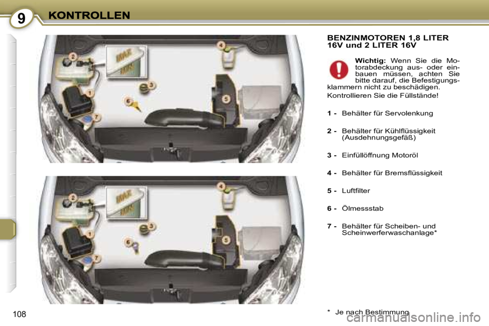 Peugeot 407 2006.5  Betriebsanleitung (in German) �9
�1�0�8
�B�E�N�Z�I�N�M�O�T�O�R�E�N� �1�,�8� �L�I�T�E�R�  
�1�6�V� �u�n�d� �2� �L�I�T�E�R� �1�6�V
�*�  �J�e� �n�a�c�h� �B�e�s�t�i�m�m�u�n�g� 
�W�i�c�h�t�i�g�:�  �W�e�n�n�  �S�i�e�  �d�i�e�  �M�o�-�t�