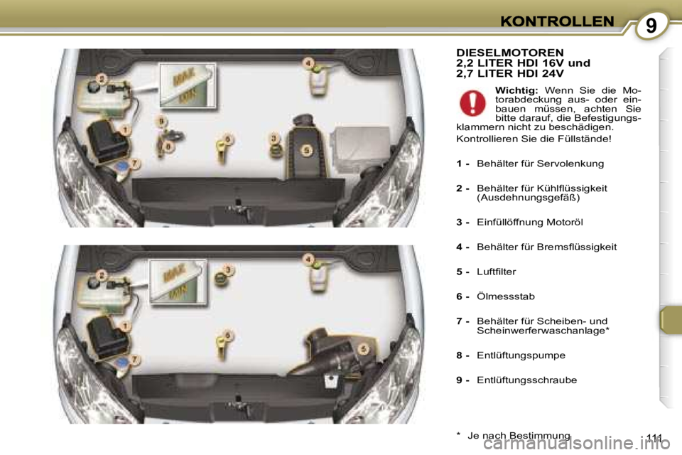 Peugeot 407 2006.5  Betriebsanleitung (in German) �9
�1�1�1
�D�I�E�S�E�L�M�O�T�O�R�E�N�  
�2�,�2� �L�I�T�E�R� �H�D�I� �1�6�V� �u�n�d� 
�2�,�7� �L�I�T�E�R� �H�D�I� �2�4�V
�*�  �J�e� �n�a�c�h� �B�e�s�t�i�m�m�u�n�g
�W�i�c�h�t�i�g�:�  �W�e�n�n�  �S�i�e� 