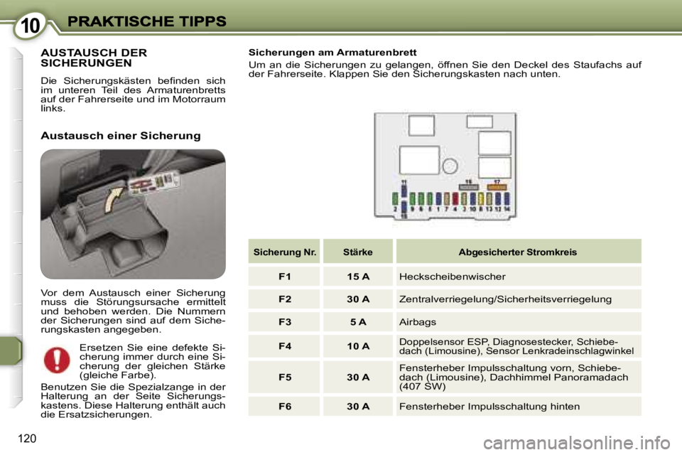 Peugeot 407 2006.5  Betriebsanleitung (in German) �1�0�1�0
�1�2�0
�A�U�S�T�A�U�S�C�H� �D�E�R�  
�S�I�C�H�E�R�U�N�G�E�N
�D�i�e�  �S�i�c�h�e�r�u�n�g�s�k�ä�s�t�e�n�  �b�e�ﬁ�n�d�e�n�  �s�i�c�h� �i�m�  �u�n�t�e�r�e�n�  �T�e�i�l�  �d�e�s�  �A�r�m�a�t�u�