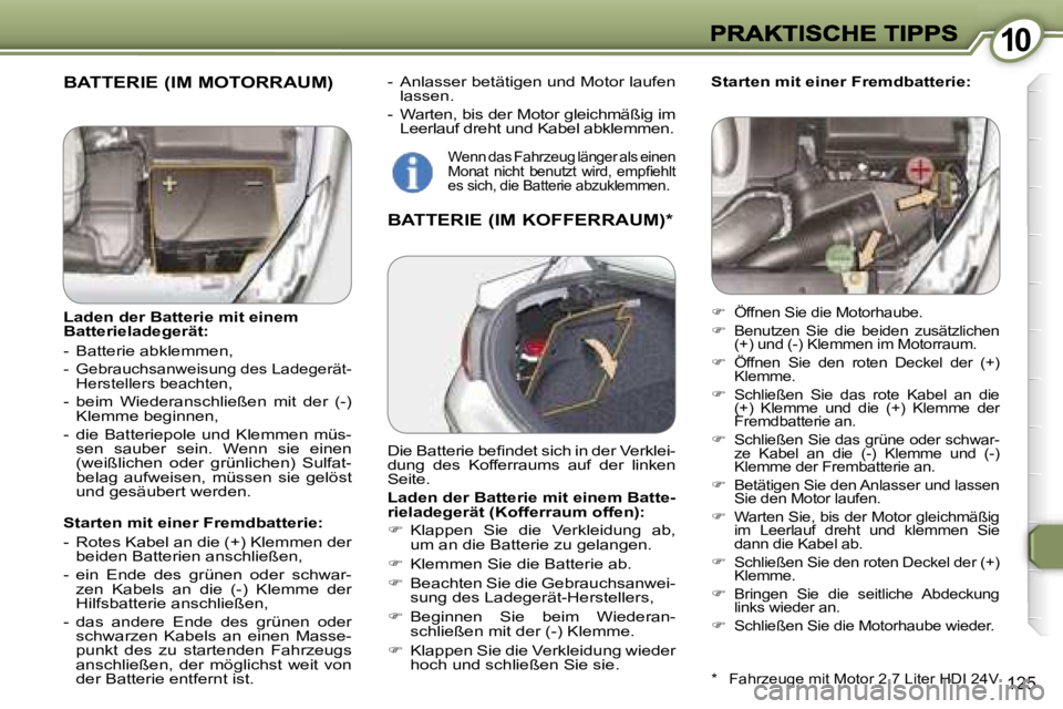 Peugeot 407 2006.5  Betriebsanleitung (in German) �1�0�1�0
�1�2�5
�-�  �A�n�l�a�s�s�e�r� �b�e�t�ä�t�i�g�e�n� �u�n�d� �M�o�t�o�r� �l�a�u�f�e�n� �l�a�s�s�e�n�.
�-�  �W�a�r�t�e�n�,� �b�i�s� �d�e�r� �M�o�t�o�r� �g�l�e�i�c�h�m�ä�ß�i�g� �i�m� �L�e�e�r�l