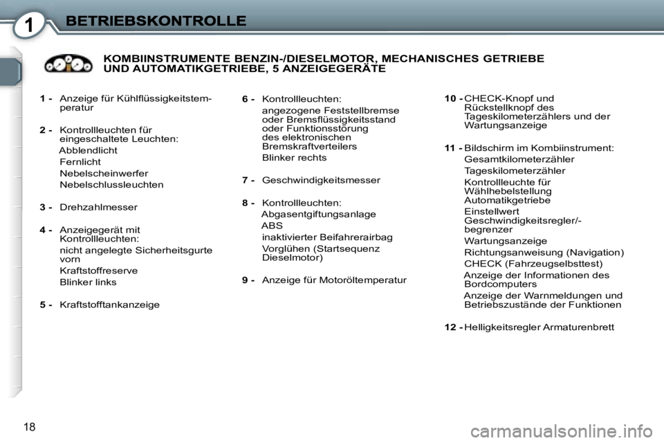 Peugeot 407 2006.5  Betriebsanleitung (in German) �1
�1�8
�1� �-�  �A�n�z�e�i�g�e� �f�ü�r� �K�ü�h�l�ﬂ�ü�s�s�i�g�k�e�i�t�s�t�e�m�-�p�e�r�a�t�u�r� 
�2� �-� �K�o�n�t�r�o�l�l�l�e�u�c�h�t�e�n� �f�ü�r� �e�i�n�g�e�s�c�h�a�l�t�e�t�e� �L�e�u�c�h�t�e�n�: