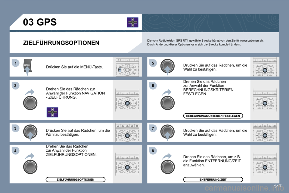 Peugeot 407 2006.5  Betriebsanleitung (in German) �1�1
�2�2
�3�3
�4�4
�5�5
�6�6
�7�7
�8�8
�1�4�7
�Z�I�E�L�F�Ü�H�R�U�N�G�S�O�P�T�I�O�N�E�N� 
�0�3� �G�P�S
�D�i�e� �v�o�m� �R�a�d�i�o�t�e�l�e�f�o�n� �G�P�S� �R�T�4� �g�e�w�ä�h�l�t�e� �S�t�r�e�c�k�e� �h�