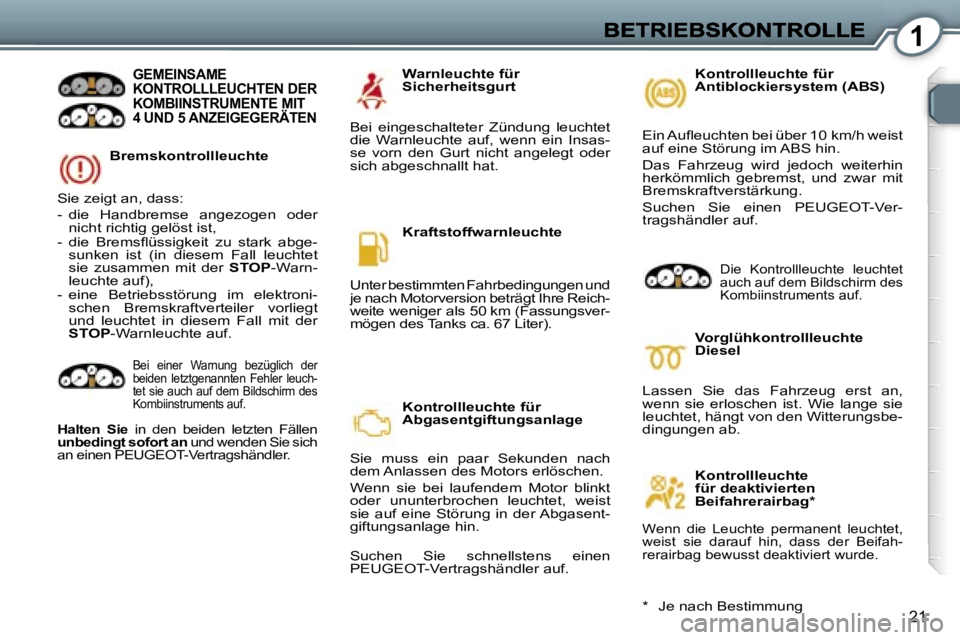 Peugeot 407 2006.5  Betriebsanleitung (in German) �1
�2�1
�B�r�e�m�s�k�o�n�t�r�o�l�l�l�e�u�c�h�t�e� 
�G�E�M�E�I�N�S�A�M�E�  
�K�O�N�T�R�O�L�L�L�E�U�C�H�T�E�N� �D�E�R� 
�K�O�M�B�I�I�N�S�T�R�U�M�E�N�T�E� �M�I�T� 
�4� �U�N�D� �5� �A�N�Z�E�I�G�E�G�E�R�Ä