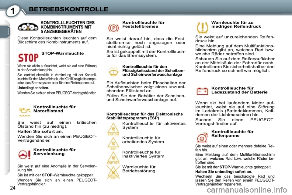 Peugeot 407 2006.5  Betriebsanleitung (in German) �1
�2�4
�K�o�n�t�r�o�l�l�l�e�u�c�h�t�e� �f�ü�r� �L�a�d�e�z�u�s�t�a�n�d� �d�e�r� �B�a�t�t�e�r�i�e� 
�W�e�n�n�  �s�i�e�  �b�e�i�  �l�a�u�f�e�n�d�e�m�  �M�o�t�o�r�  �a�u�f�-�l�e�u�c�h�t�e�t�,�  �w�e�i�s