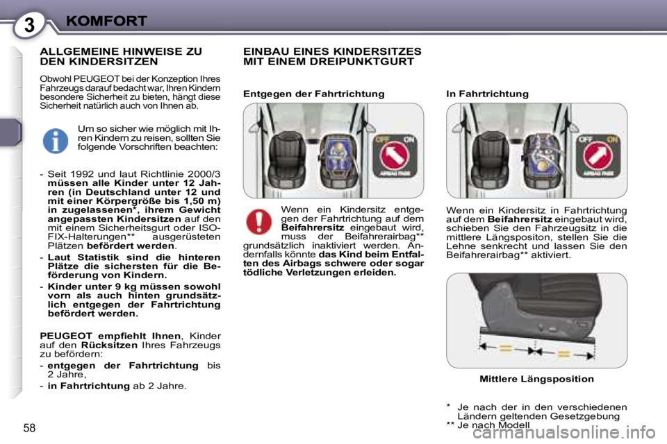 Peugeot 407 2006.5  Betriebsanleitung (in German) �3
�5�8
�I�n� �F�a�h�r�t�r�i�c�h�t�u�n�g
�E�I�N�B�A�U� �E�I�N�E�S� �K�I�N�D�E�R�S�I�T�Z�E�S�  
�M�I�T� �E�I�N�E�M� �D�R�E�I�P�U�N�K�T�G�U�R�T
�A�L�L�G�E�M�E�I�N�E� �H�I�N�W�E�I�S�E� �Z�U� 
�D�E�N� �K�