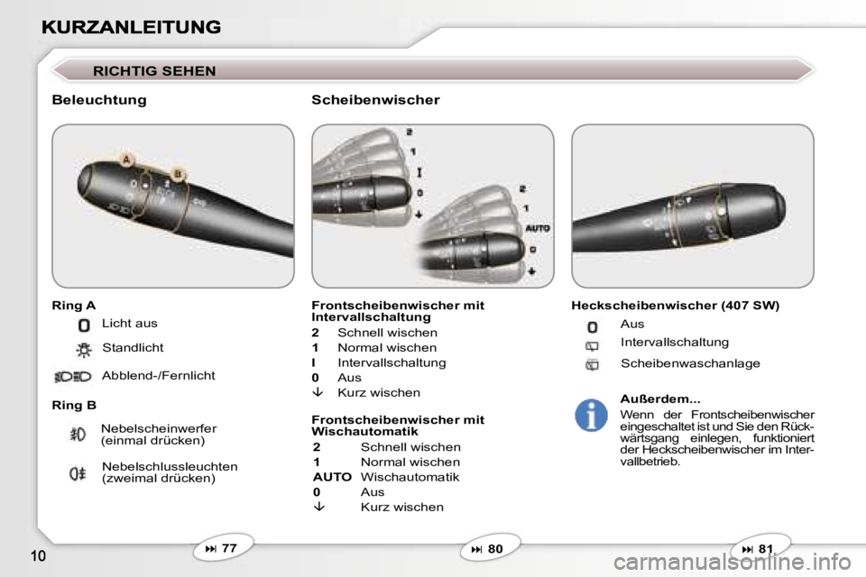 Peugeot 407 2006.5  Betriebsanleitung (in German) �R�I�C�H�T�I�G� �S�E�H�E�N
�B�e�l�e�u�c�h�t�u�n�g� 
�R�i�n�g� �A
�R�i�n�g� �B
�F�r�o�n�t�s�c�h�e�i�b�e�n�w�i�s�c�h�e�r� �m�i�t� �I�n�t�e�r�v�a�l�l�s�c�h�a�l�t�u�n�g� 
�2� �S�c�h�n�e�l�l� �w�i�s�c�h�e�