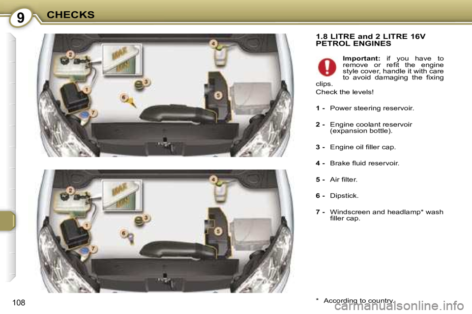 Peugeot 407 2006  Owners Manual �9�C�H�E�C�K�S
�1�0�8
�1�.�8� �L�I�T�R�E� �a�n�d� �2� �L�I�T�R�E� �1�6�V�  
�P�E�T�R�O�L� �E�N�G�I�N�E�S
�*�  �A�c�c�o�r�d�i�n�g� �t�o� �c�o�u�n�t�r�y�.�I�m�p�o�r�t�a�n�t�:
�  �i�f�  �y�o�u�  �h�a�v�e
