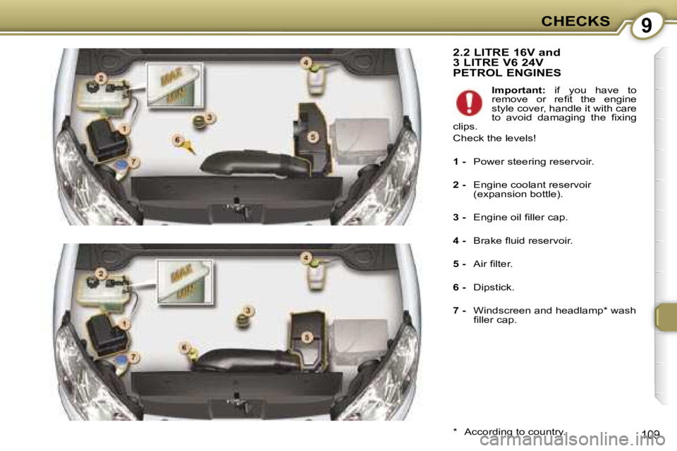 Peugeot 407 2006  Owners Manual �9�C�H�E�C�K�S
�1�0�9
�2�.�2� �L�I�T�R�E� �1�6�V� �a�n�d�  
�3� �L�I�T�R�E� �V�6� �2�4�V� 
�P�E�T�R�O�L� �E�N�G�I�N�E�S
�*�  �A�c�c�o�r�d�i�n�g� �t�o� �c�o�u�n�t�r�y�.�I�m�p�o�r�t�a�n�t�:
�  �i�f�  �y