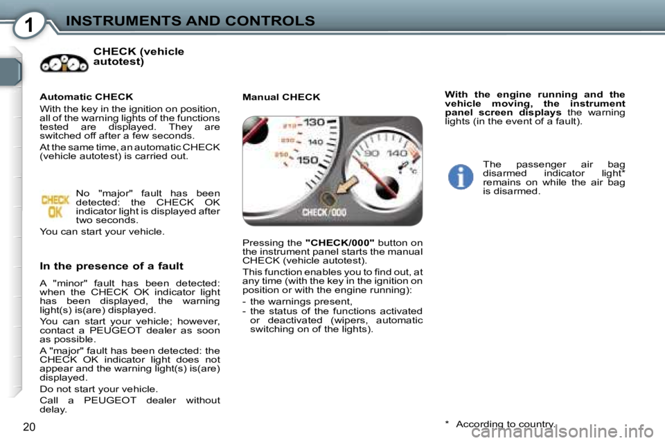 Peugeot 407 2006 User Guide �1�I�N�S�T�R�U�M�E�N�T�S� �A�N�D� �C�O�N�T�R�O�L�S
�2�0
�C�H�E�C�K� �(�v�e�h�i�c�l�e�  
�a�u�t�o�t�e�s�t�)
�I�n� �t�h�e� �p�r�e�s�e�n�c�e� �o�f� �a� �f�a�u�l�t
�A�  �"�m�i�n�o�r�"�  �f�a�u�l�t