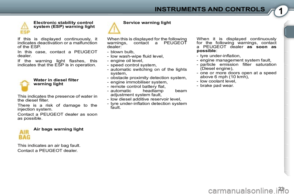 Peugeot 407 2006 Owners Guide �1�I�N�S�T�R�U�M�E�N�T�S� �A�N�D� �C�O�N�T�R�O�L�S
�2�3
�E�l�e�c�t�r�o�n�i�c� �s�t�a�b�i�l�i�t�y� �c�o�n�t�r�o�l�  
�s�y�s�t�e�m� �(�E�S�P�)� �w�a�r�n�i�n�g� �l�i�g�h�t
�I�f�  �t�h�i�s�  �i�s�  �d�i�s