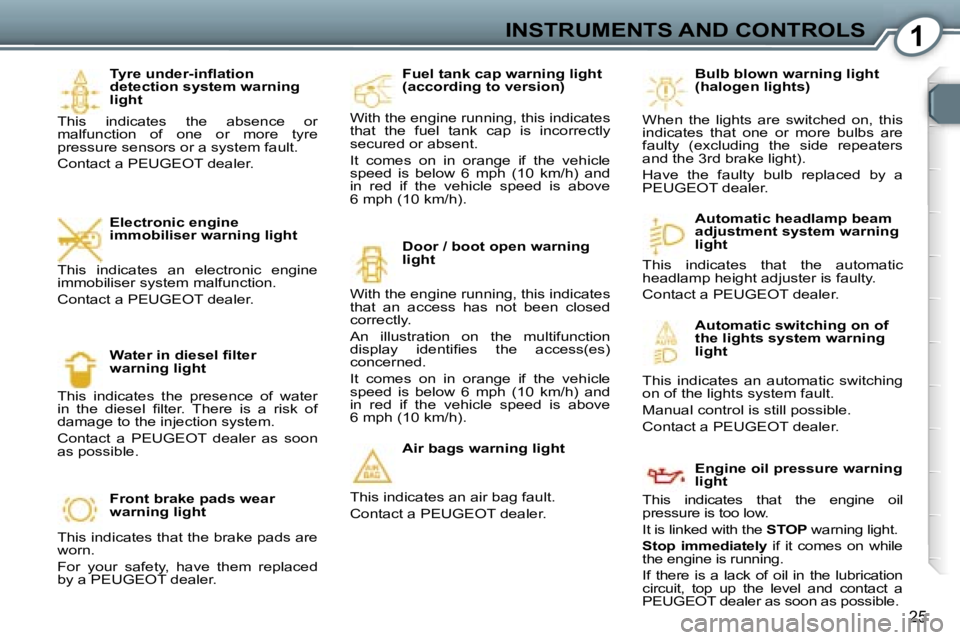 Peugeot 407 2006 Owners Guide �1�I�N�S�T�R�U�M�E�N�T�S� �A�N�D� �C�O�N�T�R�O�L�S
�2�5
�T�y�r�e� �u�n�d�e�r�-�i�n�ﬂ�a�t�i�o�n�  
�d�e�t�e�c�t�i�o�n� �s�y�s�t�e�m� �w�a�r�n�i�n�g� 
�l�i�g�h�t
�T�h�i�s�  �i�n�d�i�c�a�t�e�s�  �t�h�e