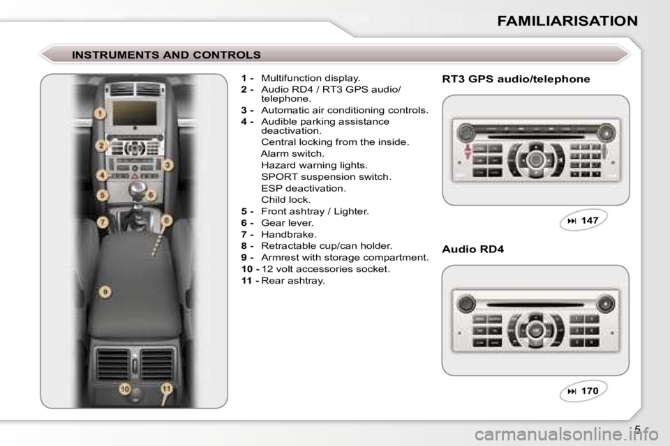 Peugeot 407 2006  Owners Manual �5
�F�A�M�I�L�I�A�R�I�S�A�T�I�O�N
�I�N�S�T�R�U�M�E�N�T�S� �A�N�D� �C�O�N�T�R�O�L�S
�1� �-�  �M�u�l�t�i�f�u�n�c�t�i�o�n� �d�i�s�p�l�a�y�.
�2� �- �  �A�u�d�i�o� �R�D�4� �/� �R�T�3� �G�P�S� �a�u�d�i�o�/
