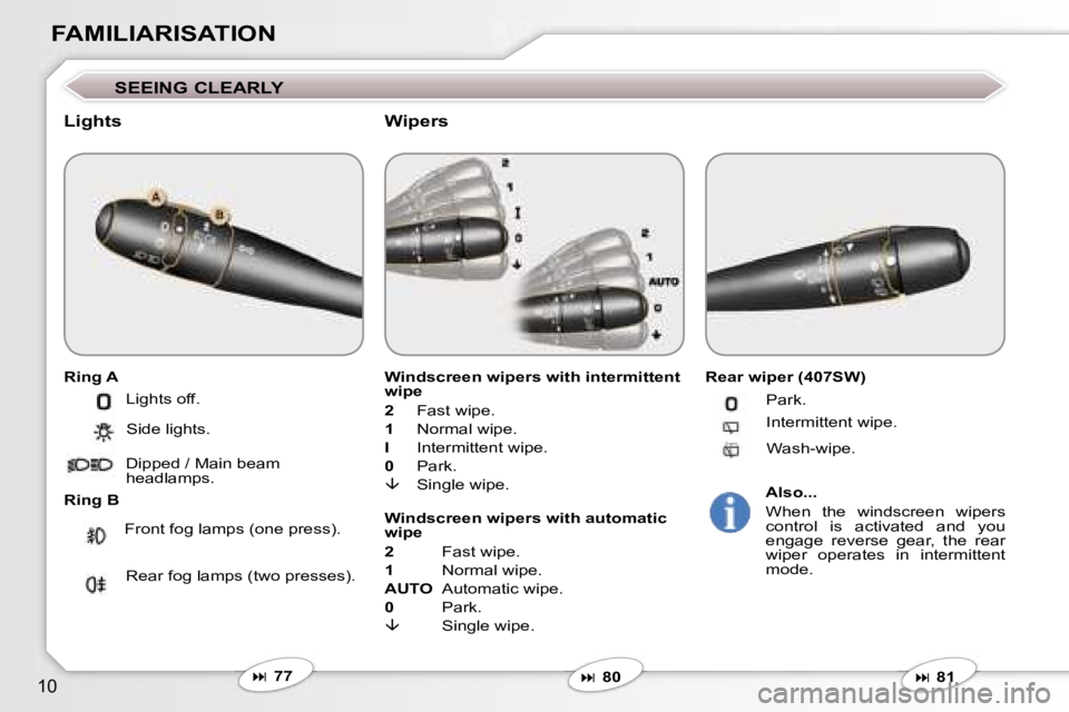 Peugeot 407 2006  Owners Manual �1�0
�F�A�M�I�L�I�A�R�I�S�A�T�I�O�N
�S�E�E�I�N�G� �C�L�E�A�R�L�Y
�L�i�g�h�t�s
�R�i�n�g� �A 
�R�i�n�g� �B�W�i�n�d�s�c�r�e�e�n� �w�i�p�e�r�s� �w�i�t�h� �i�n�t�e�r�m�i�t�t�e�n�t�  
�w�i�p�e 
�2
�  �F�a�s