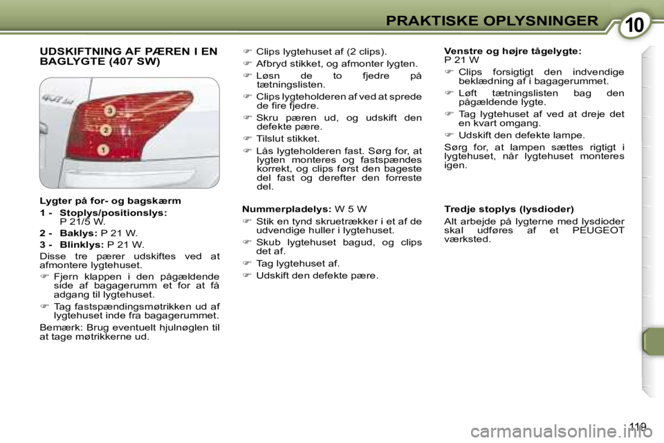 Peugeot 407 2006  Instruktionsbog (in Danish) �1�0�P�R�A�K�T�I�S�K�E� �O�P�L�Y�S�N�I�N�G�E�R
�1�1�9
�U�D�S�K�I�F�T�N�I�N�G� �A�F� �P�Æ�R�E�N� �I� �E�N�  
�B�A�G�L�Y�G�T�E� �(�4�0�7� �S�W�)�V�e�n�s�t�r�e� �o�g� �h�ø�j�r�e� �t�å�g�e�l�y�g�t�e�: 
