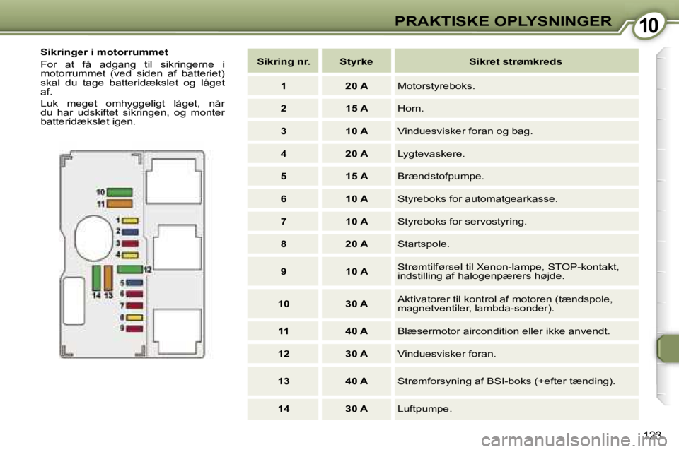 Peugeot 407 2006  Instruktionsbog (in Danish) �1�0�P�R�A�K�T�I�S�K�E� �O�P�L�Y�S�N�I�N�G�E�R
�1�2�3
�S�i�k�r�i�n�g�e�r� �i� �m�o�t�o�r�r�u�m�m�e�t 
�F�o�r�  �a�t�  �f�å�  �a�d�g�a�n�g�  �t�i�l�  �s�i�k�r�i�n�g�e�r�n�e�  �i�  
�m�o�t�o�r�r�u�m�m�