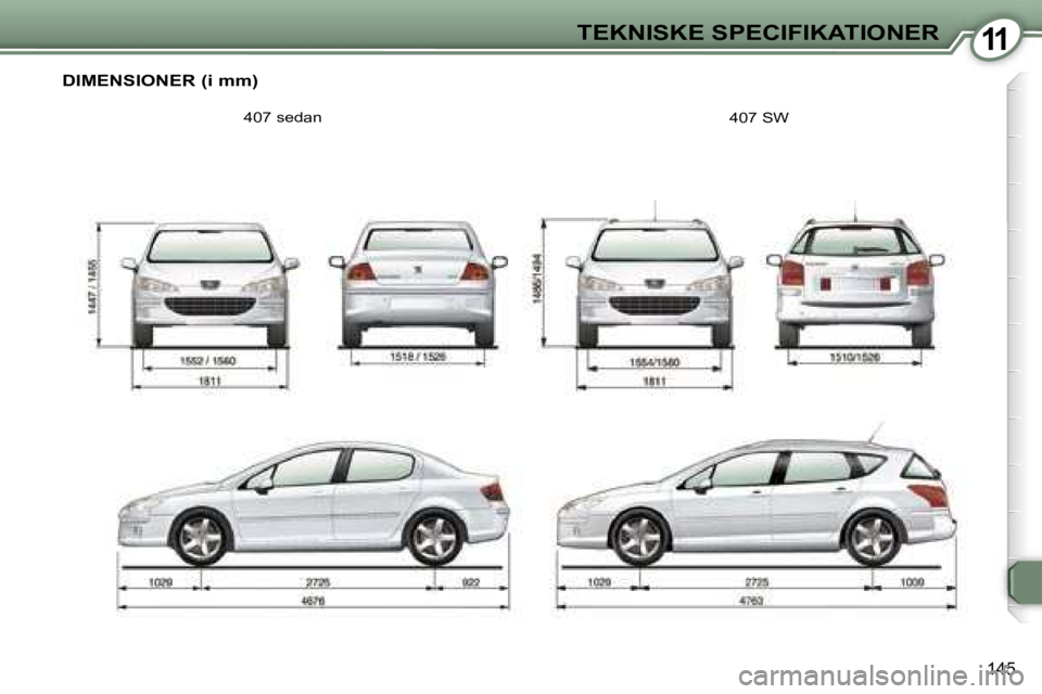 Peugeot 407 2006  Instruktionsbog (in Danish) �1�1�T�E�K�N�I�S�K�E� �S�P�E�C�I�F�I�K�A�T�I�O�N�E�R
�1�4�5
�D�I�M�E�N�S�I�O�N�E�R� �(�i� �m�m�)
�4�0�7� �s�e�d�a�n�4�0�7� �S�W   