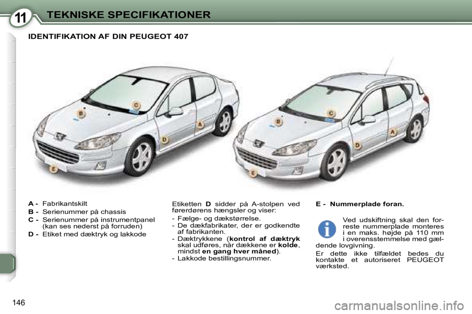 Peugeot 407 2006  Instruktionsbog (in Danish) �1�1�T�E�K�N�I�S�K�E� �S�P�E�C�I�F�I�K�A�T�I�O�N�E�R
�1�4�6
�A� �-� �F�a�b�r�i�k�a�n�t�s�k�i�l�t
�B� �- �  �S�e�r�i�e�n�u�m�m�e�r� �p�å� �c�h�a�s�s�i�s
�C� �- �  �S�e�r�i�e�n�u�m�m�e�r� �p�å� �i�n�s