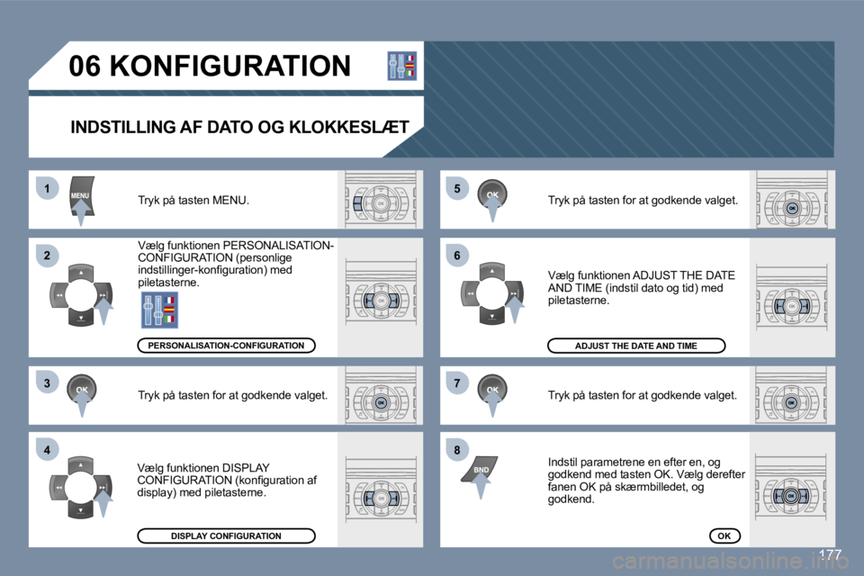 Peugeot 407 2006  Instruktionsbog (in Danish) �5 
�6 
�7 
�8�1 
�2 
�3 
�4
�1�7�7
�0�6� �K�O�N�F�I�G�U�R�A�T�I�O�N�I�N�D�S�T�I�L�L�I�N�G� �A�F� �D�A�T�O� �O�G� �K�L�O�K�K�E�S�L�Æ�T
�T�r�y�k� �p�å� �t�a�s�t�e�n� �M�E�N�U�. 
�V�æ�l�g� �f�u�n�k�t