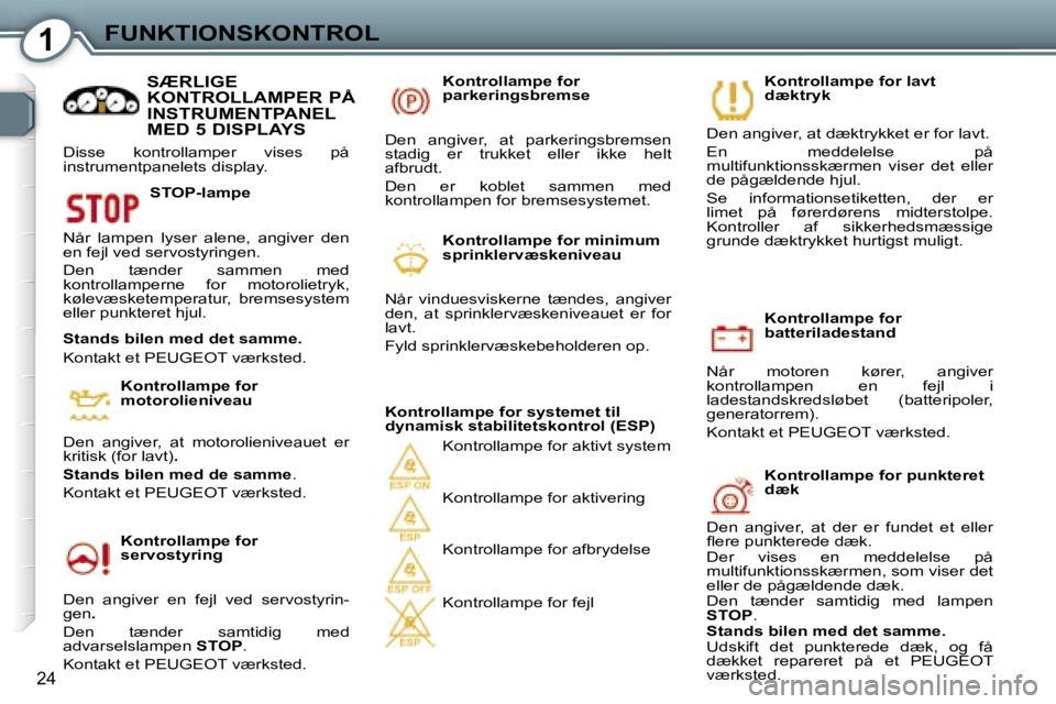 Peugeot 407 2006  Instruktionsbog (in Danish) �1�F�U�N�K�T�I�O�N�S�K�O�N�T�R�O�L
�2�4
�K�o�n�t�r�o�l�l�a�m�p�e� �f�o�r�  
�b�a�t�t�e�r�i�l�a�d�e�s�t�a�n�d
�N�å�r�  �m�o�t�o�r�e�n�  �k�ø�r�e�r�,�  �a�n�g�i�v�e�r� 
�k�o�n�t�r�o�l�l�a�m�p�e�n�  �e