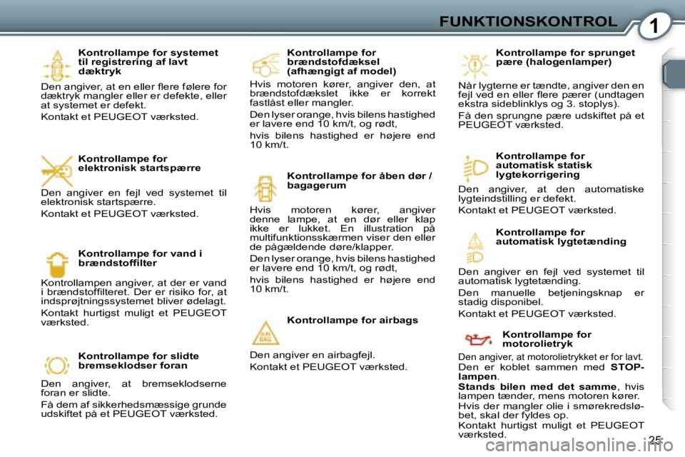 Peugeot 407 2006  Instruktionsbog (in Danish) �1�F�U�N�K�T�I�O�N�S�K�O�N�T�R�O�L
�2�5
�K�o�n�t�r�o�l�l�a�m�p�e� �f�o�r� �s�y�s�t�e�m�e�t�  
�t�i�l� �r�e�g�i�s�t�r�e�r�i�n�g� �a�f� �l�a�v�t� 
�d�æ�k�t�r�y�k
�D�e�n� �a�n�g�i�v�e�r�,� �a�t� �e�n� �