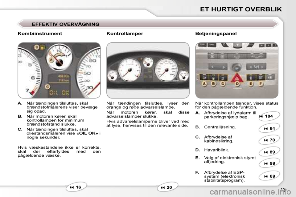 Peugeot 407 2006  Instruktionsbog (in Danish) �1�3
�E�T� �H�U�R�T�I�G�T� �O�V�E�R�B�L�I�K
�E�F�F�E�K�T�I�V� �O�V�E�R�V�Å�G�N�I�N�G
�K�o�m�b�i�i�n�s�t�r�u�m�e�n�t�B�e�t�j�e�n�i�n�g�s�p�a�n�e�l
�A�.�  �N�å�r� �t�æ�n�d�i�n�g�e�n� �t�i�l�s�l�u�t�t