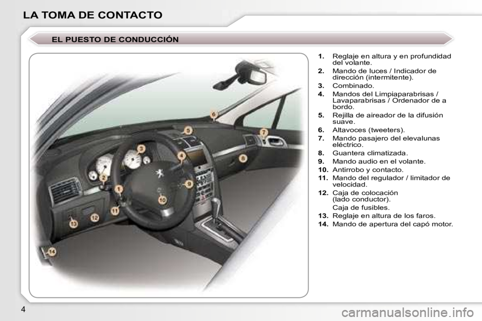 Peugeot 407 2006  Manual del propietario (in Spanish) �4
�L�A� �T�O�M�A� �D�E� �C�O�N�T�A�C�T�O
�E�L� �P�U�E�S�T�O� �D�E� �C�O�N�D�U�C�C�I�Ó�N
�1�.�  �R�e�g�l�a�j�e� �e�n� �a�l�t�u�r�a� �y� �e�n� �p�r�o�f�u�n�d�i�d�a�d� 
�d�e�l� �v�o�l�a�n�t�e�.
�2�. � 