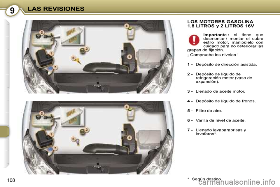 Peugeot 407 2006  Manual del propietario (in Spanish) �9�L�A�S� �R�E�V�I�S�I�O�N�E�S
�1�0�8
�L�O�S� �M�O�T�O�R�E�S� �G�A�S�O�L�I�N�A�  
�1�,�8� �L�I�T�R�O�S� �y� �2� �L�I�T�R�O�S� �1�6�V
�*�  �S�e�g�ú�n� �d�e�s�t�i�n�o�.�I�m�p�o�r�t�a�n�t�e� �:
�  �s�i�