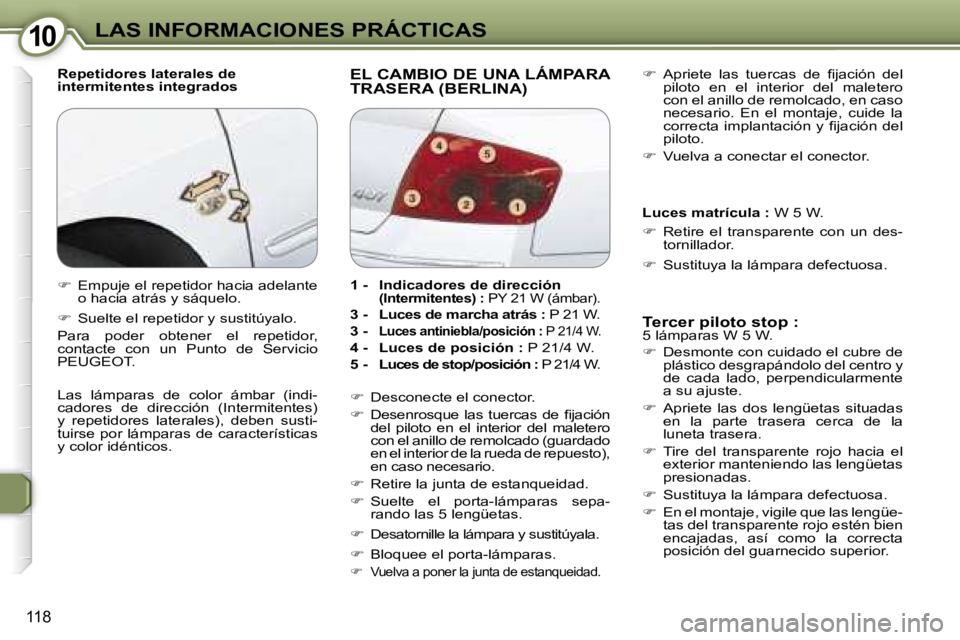 Peugeot 407 2006  Manual del propietario (in Spanish) �1�0�L�A�S� �I�N�F�O�R�M�A�C�I�O�N�E�S� �P�R�Á�C�T�I�C�A�S
�1�1�8
�R�e�p�e�t�i�d�o�r�e�s� �l�a�t�e�r�a�l�e�s� �d�e 
�i�n�t�e�r�m�i�t�e�n�t�e�s� �i�n�t�e�g�r�a�d�o�s�E�L� �C�A�M�B�I�O� �D�E� �U�N�A� �