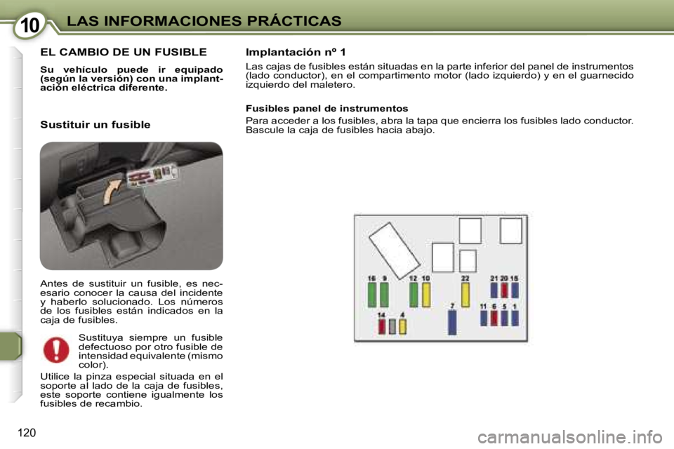 Peugeot 407 2006  Manual del propietario (in Spanish) �1�0�L�A�S� �I�N�F�O�R�M�A�C�I�O�N�E�S� �P�R�Á�C�T�I�C�A�S
�1�2�0
�E�L� �C�A�M�B�I�O� �D�E� �U�N� �F�U�S�I�B�L�E
�S�u�  �v�e�h�í�c�u�l�o�  �p�u�e�d�e�  �i�r�  �e�q�u�i�p�a�d�o�  
�(�s�e�g�ú�n� �l�a